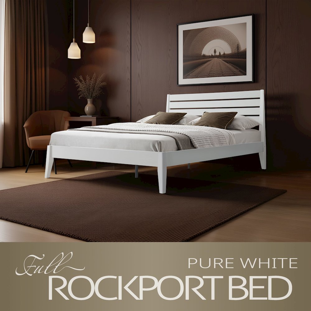 Full Wooden Platform Bed Frame, Pure White Finish, Morden Style. Picture 6