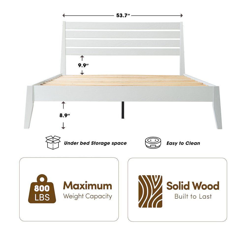 Full Wooden Platform Bed Frame, Pure White Finish, Morden Style. Picture 2