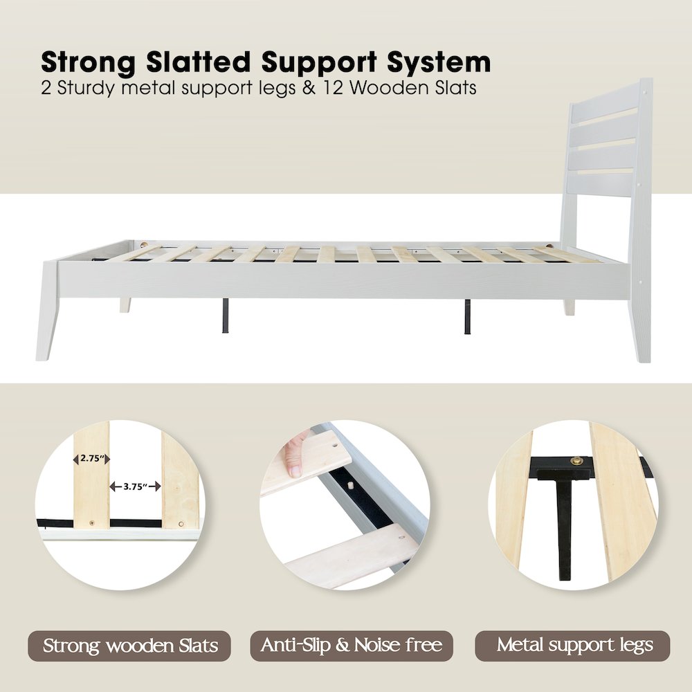 Full Wooden Platform Bed Frame, Pure White Finish, Morden Style. Picture 3