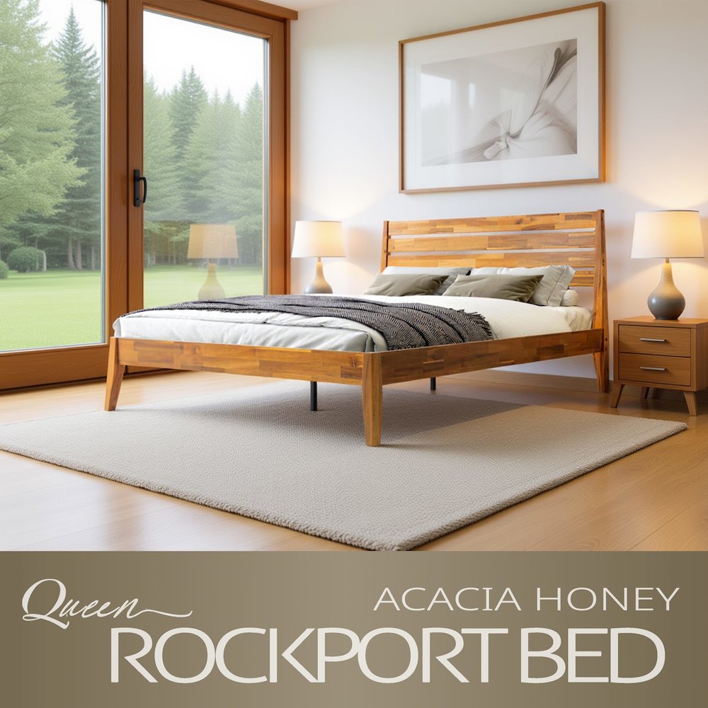 Queen Wooden Platform Bed Frame, Acacia Honey Finish, Morden Style. Picture 6
