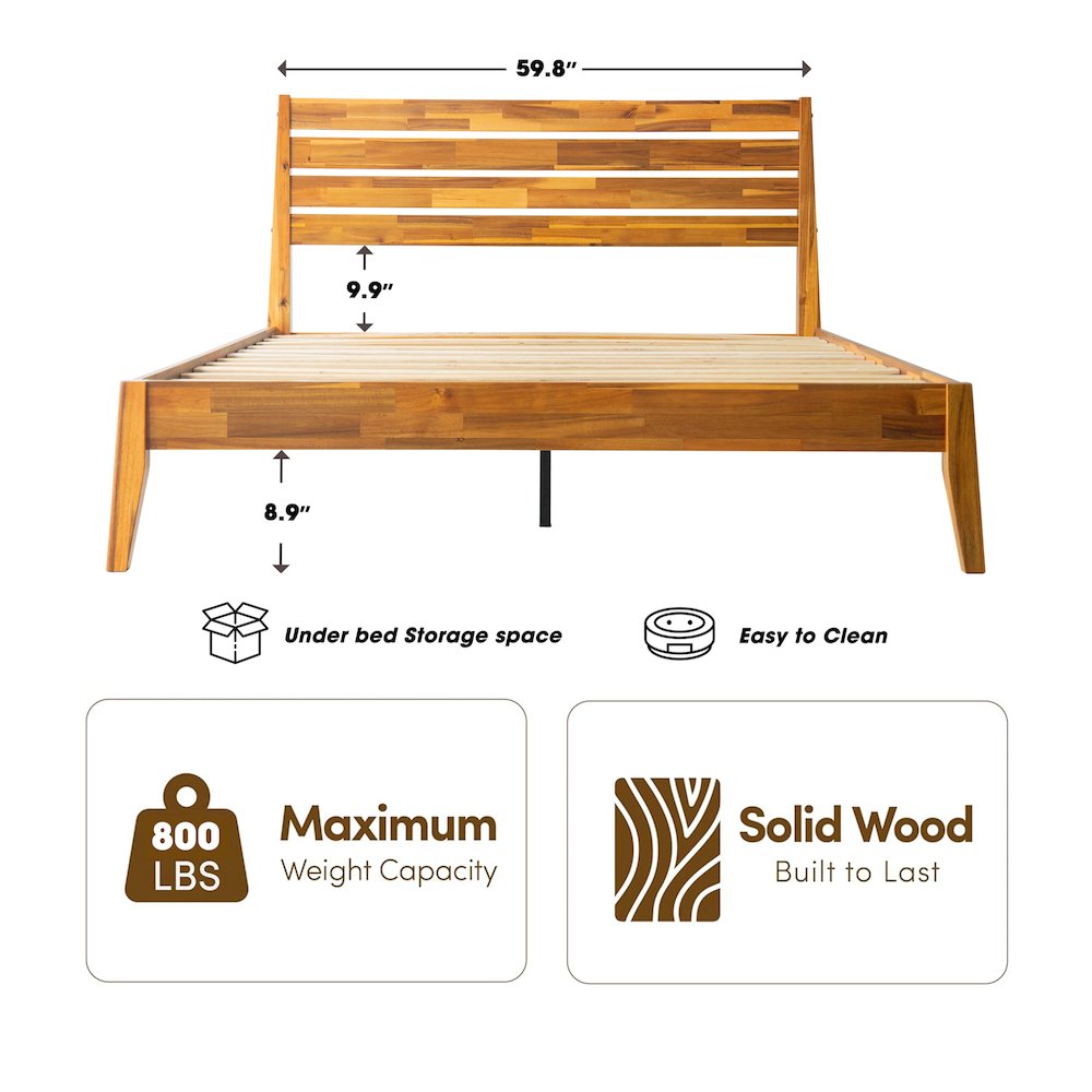 Queen Wooden Platform Bed Frame, Acacia Honey Finish, Morden Style. Picture 1