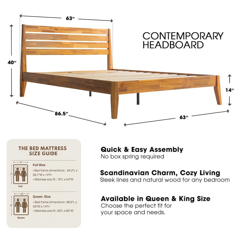 Queen Wooden Platform Bed Frame, Acacia Honey Finish, Morden Style. Picture 2