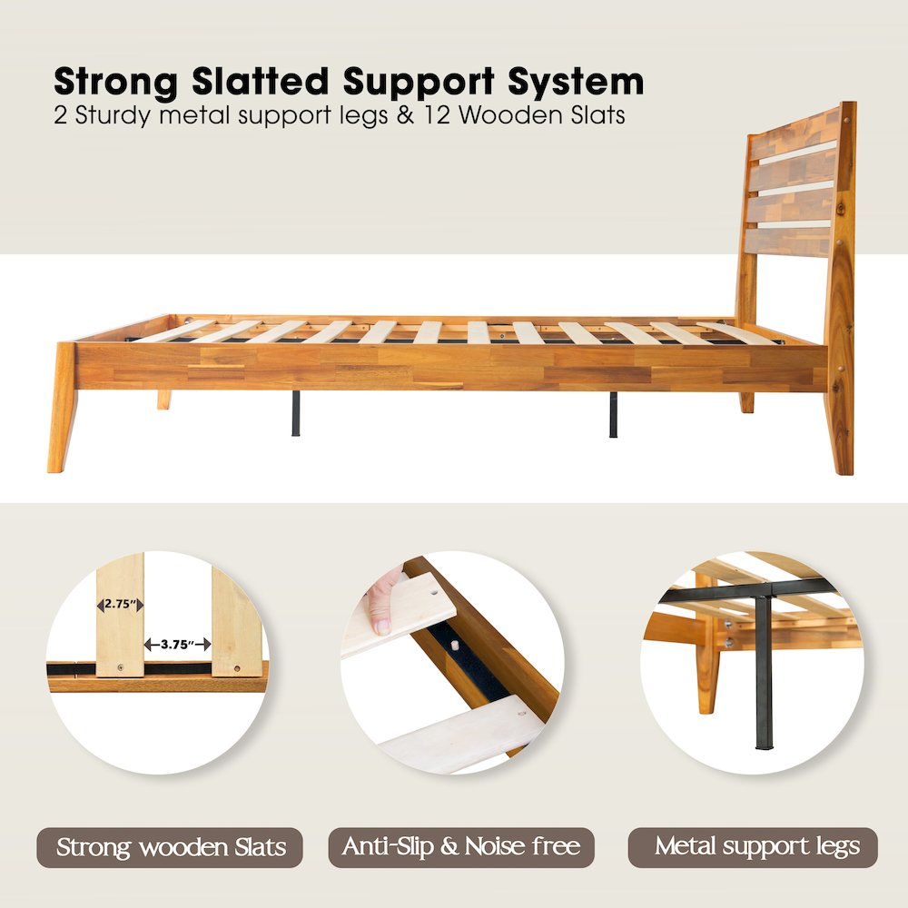 Queen Wooden Platform Bed Frame, Acacia Honey Finish, Morden Style. Picture 3