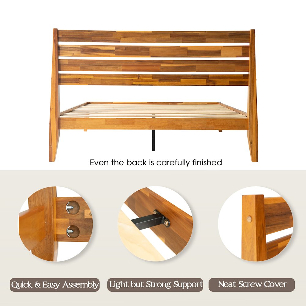 Queen Wooden Platform Bed Frame, Acacia Honey Finish, Morden Style. Picture 4