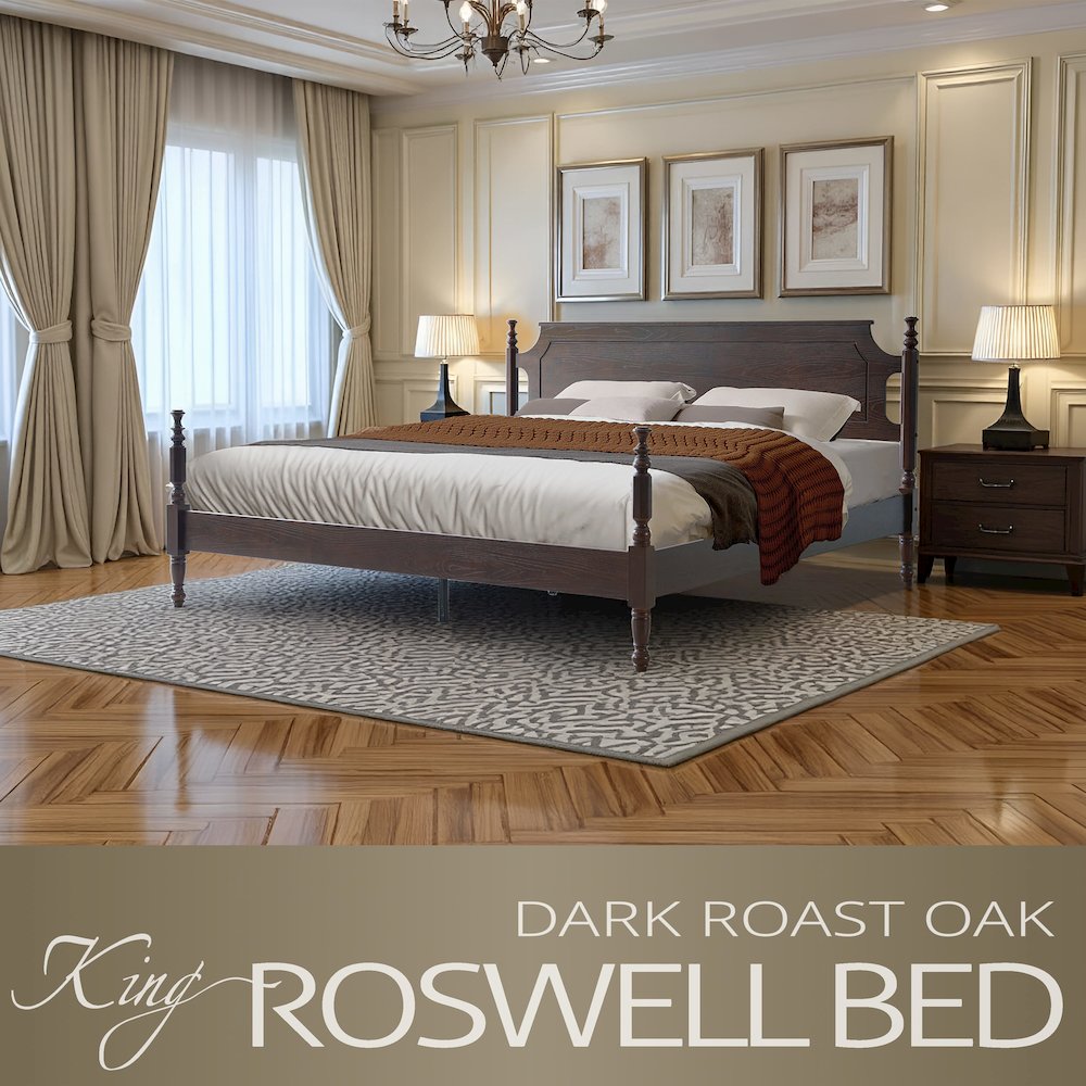King Wooden Platform Bed Frame, Dark Roast Oak Finish, Traditional Style. Picture 6