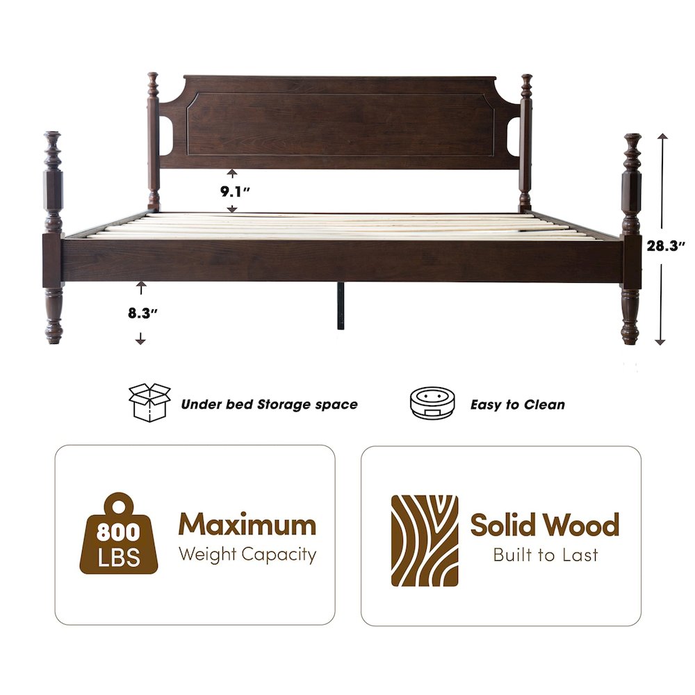 King Wooden Platform Bed Frame, Dark Roast Oak Finish, Traditional Style. Picture 1
