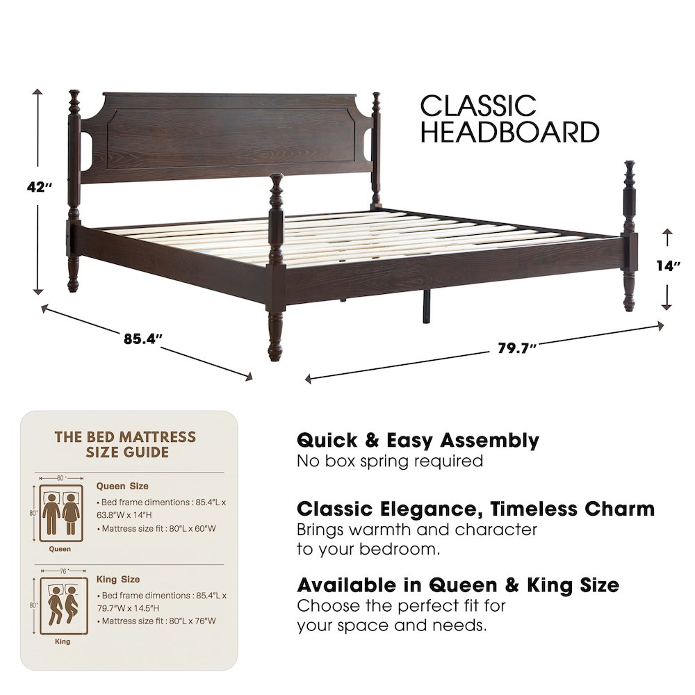 King Wooden Platform Bed Frame, Dark Roast Oak Finish, Traditional Style. Picture 2