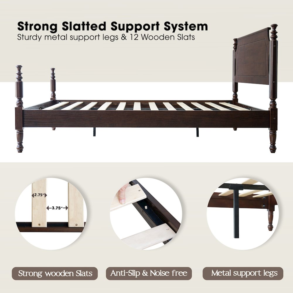 King Wooden Platform Bed Frame, Dark Roast Oak Finish, Traditional Style. Picture 3