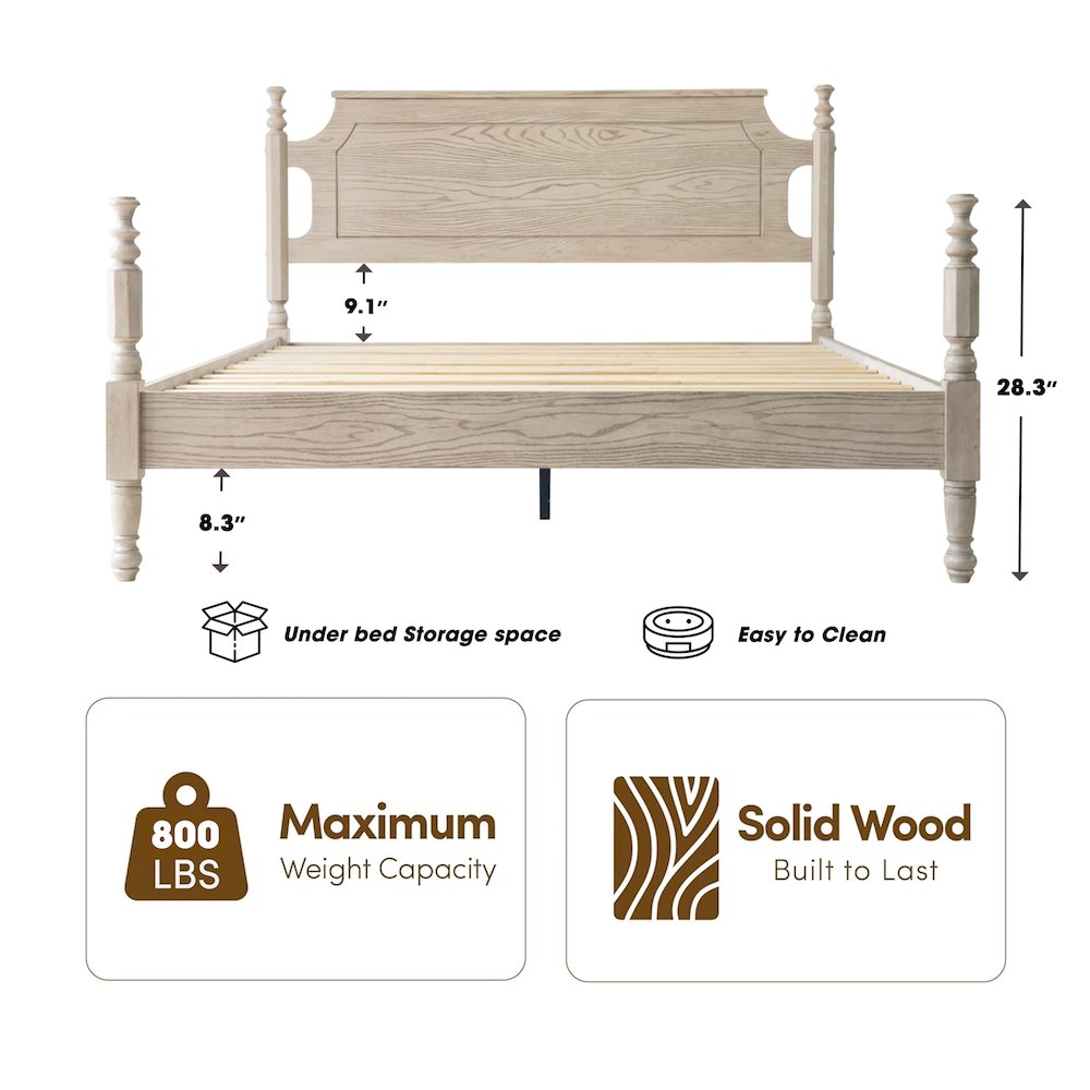 King Wooden Platform Bed Frame, Driftwood Gray Oak Finish, Traditional Style. Picture 1