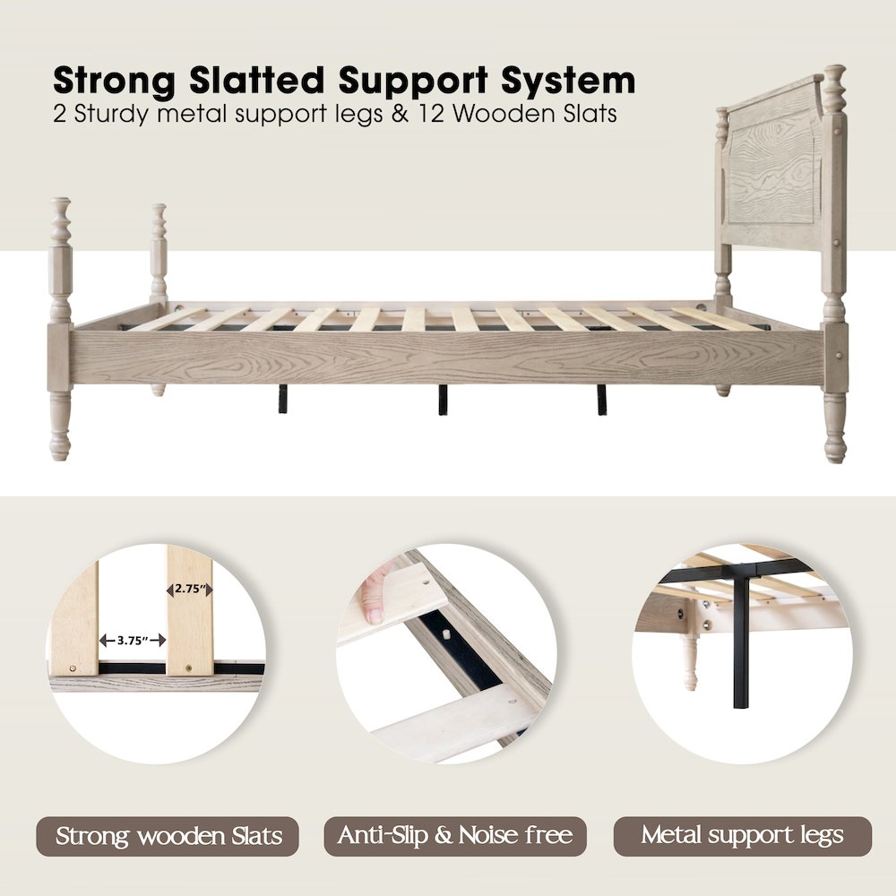 King Wooden Platform Bed Frame, Driftwood Gray Oak Finish, Traditional Style. Picture 2