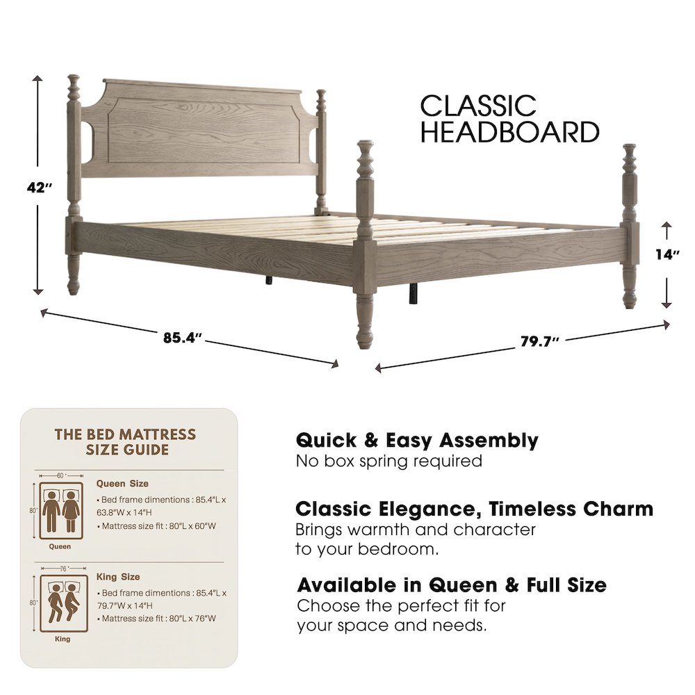 King Wooden Platform Bed Frame, Driftwood Gray Oak Finish, Traditional Style. Picture 3