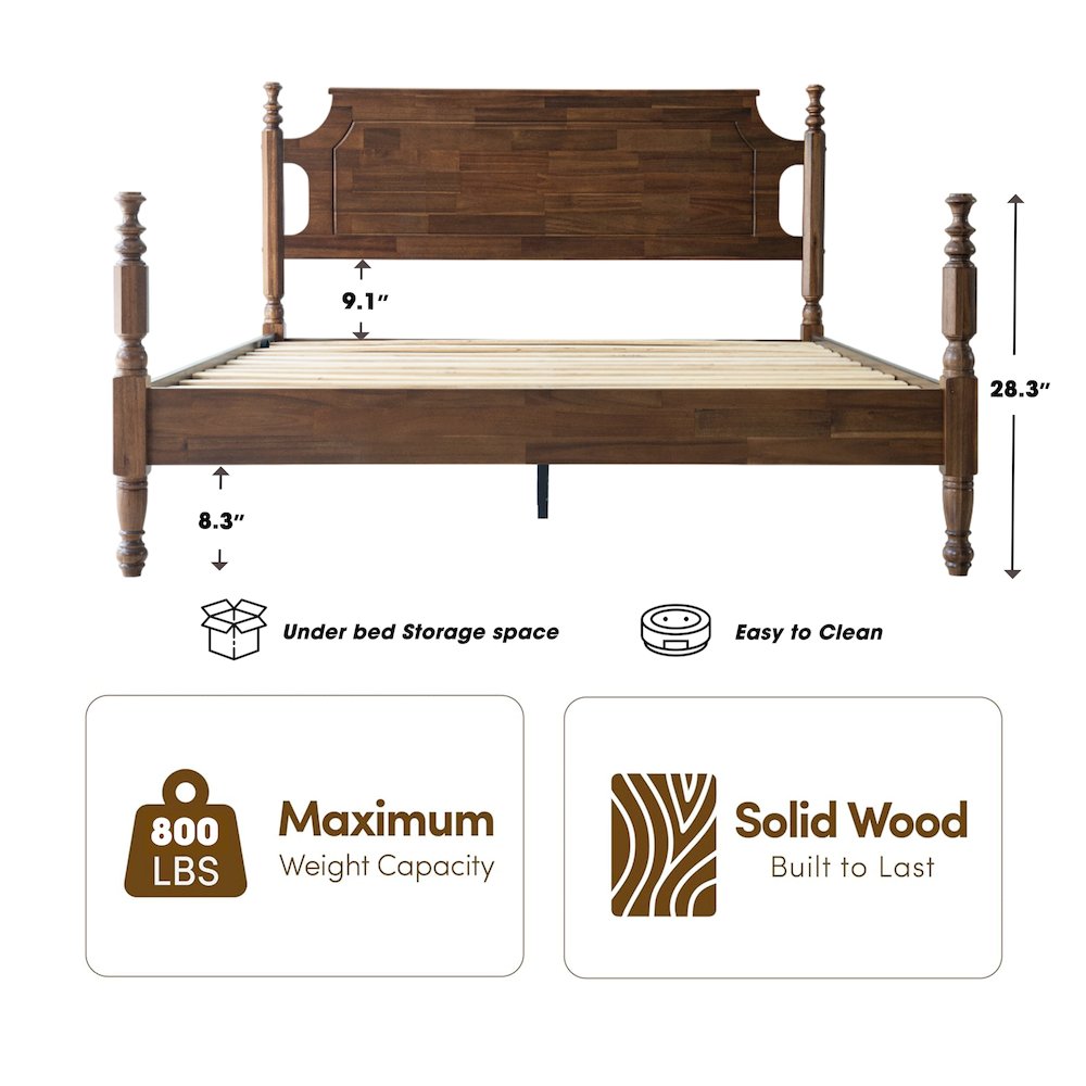 King Wooden Platform Bed Frame, Walnut Finish, Traditional Style. Picture 1