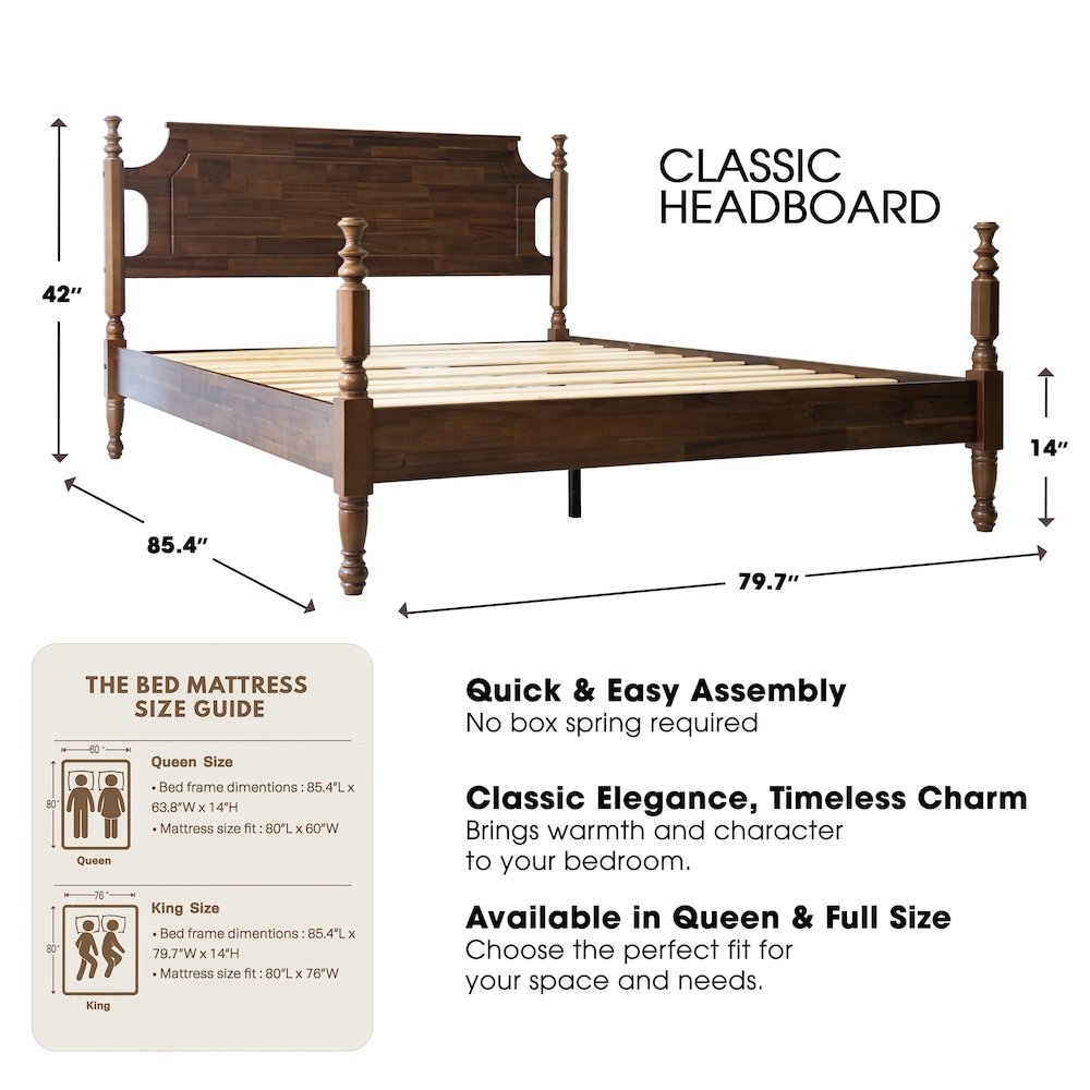 King Wooden Platform Bed Frame, Walnut Finish, Traditional Style. Picture 2