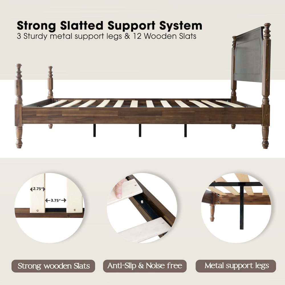 King Wooden Platform Bed Frame, Walnut Finish, Traditional Style. Picture 3