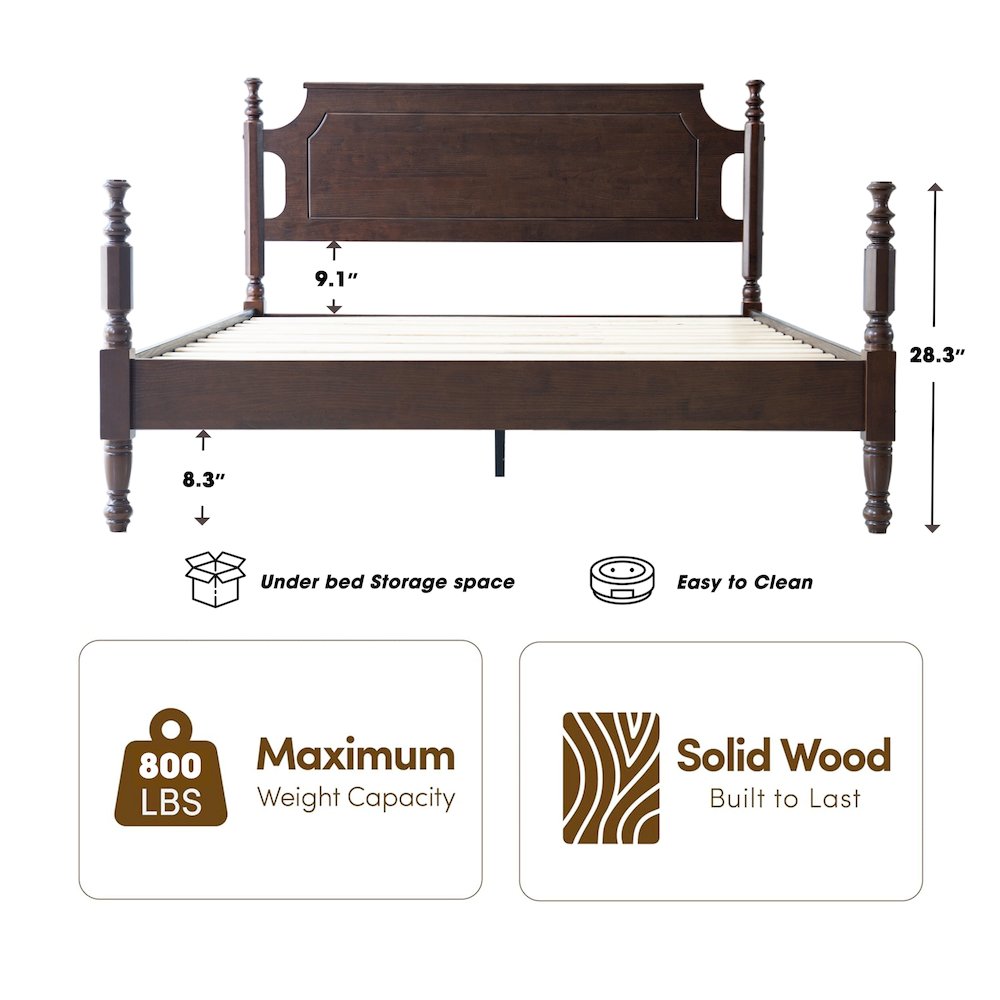 Queen Wooden Platform Bed Frame, Dark Roast Oak Finish, Traditional Style. Picture 1