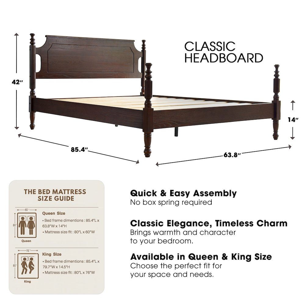 Queen Wooden Platform Bed Frame, Dark Roast Oak Finish, Traditional Style. Picture 2