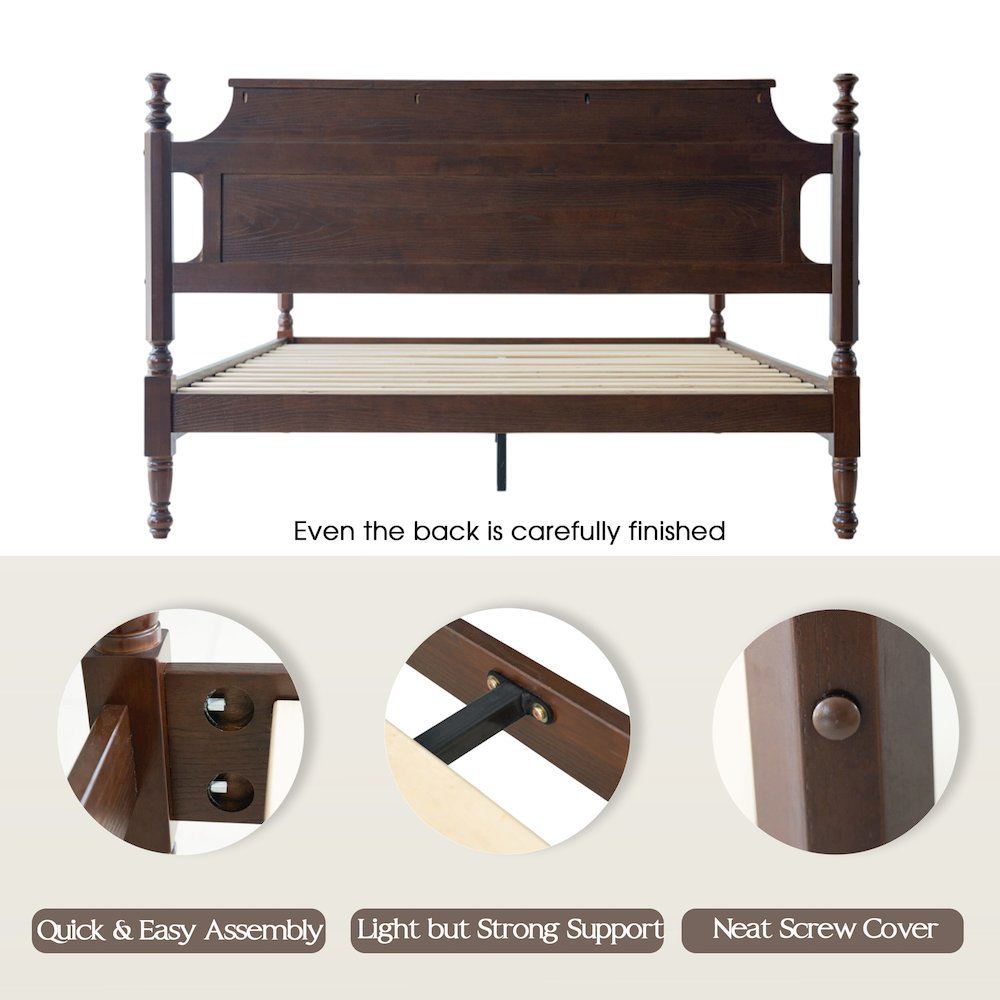 Queen Wooden Platform Bed Frame, Dark Roast Oak Finish, Traditional Style. Picture 4
