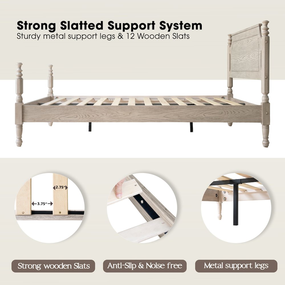 Queen Wooden Platform Bed Frame, Driftwood Gray Oak Finish, Traditional Style. Picture 3