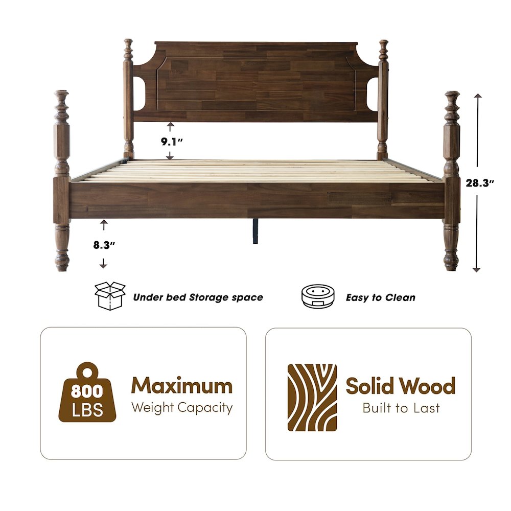 Queen Wooden Platform Bed Frame, Walnut Finish, Traditional Style. Picture 1