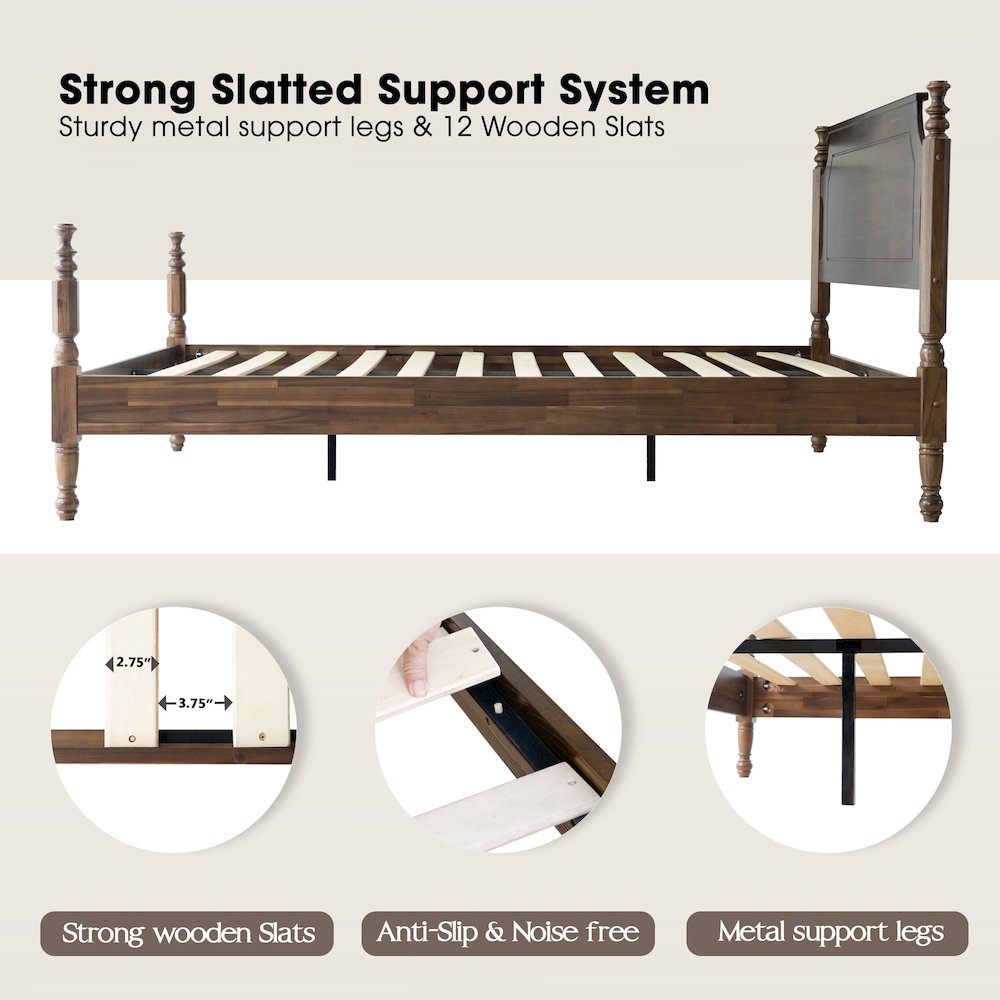 Queen Wooden Platform Bed Frame, Walnut Finish, Traditional Style. Picture 3