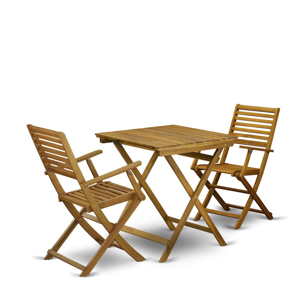 East West Furniture 3-Piece Outdoor Dining Table Set Includes a Foldable Dining Table and 2 Outdoor Arm Chairs Perfect for Garden, Terrace, Bistro, and Porch - Natural Oil Finish. Picture 1