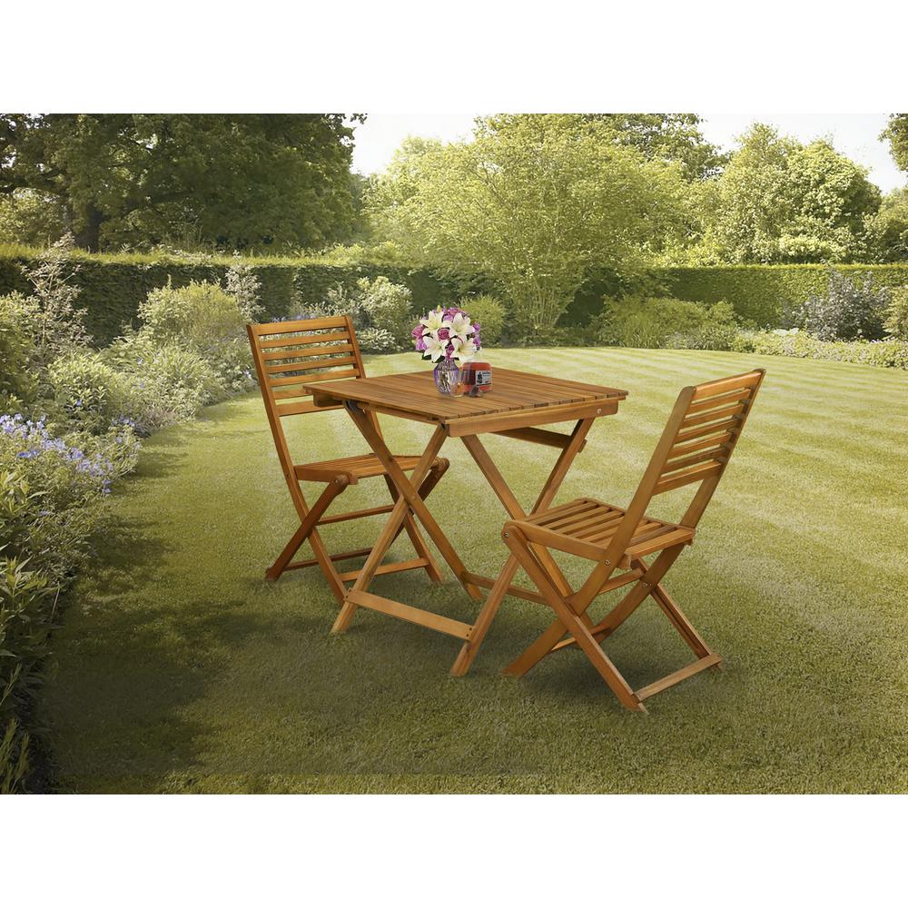 East West Furniture 3-Piece Outdoor Dining Set Contains a Folding Camping Table and 2 Outdoor Side Chairs Suitable for Garden, Terrace, Bistro, and Porch - Natural Oil Finish. Picture 2