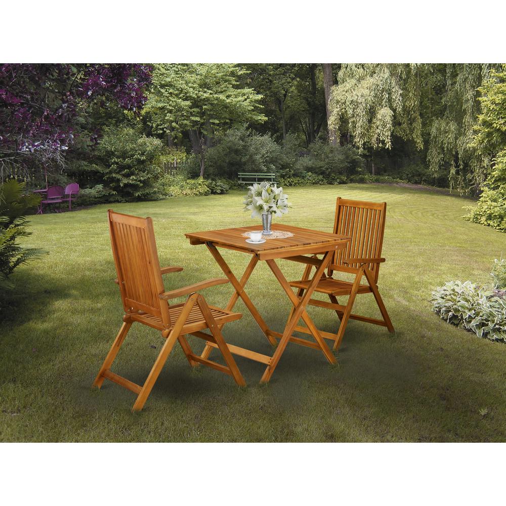 3-Pc Wood Patio Dining Set Consists of a Folding Outdoor Table and 2 Outdoor Camping Chairs - Natural Oil Finish. Picture 8