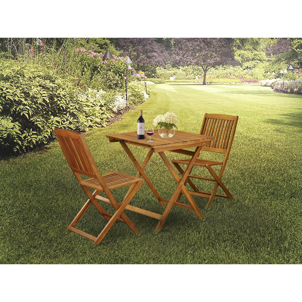 East West Furniture 3-Pc Outdoor Patio Set Consists of a Wooden Folding Table and 2 Folding Camping Chairs Ideal for Garden, Terrace, Bistro, and Porch - Natural Oil Finish. Picture 4