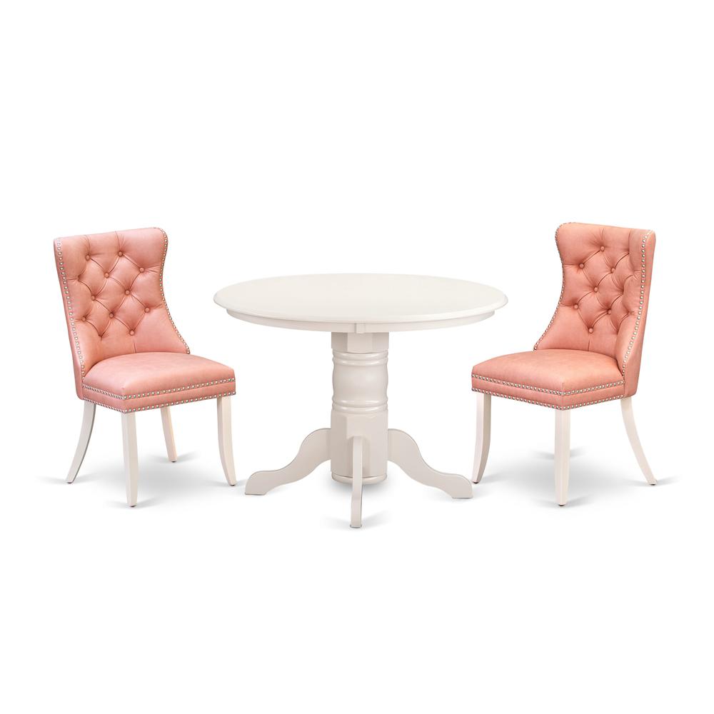 East West Furniture SHDA3-WHI-23 3 Piece Dining Room Set Consists of a Round Dining Table with Pedestal and 2 Upholstered Chairs, Linen White. Picture 1