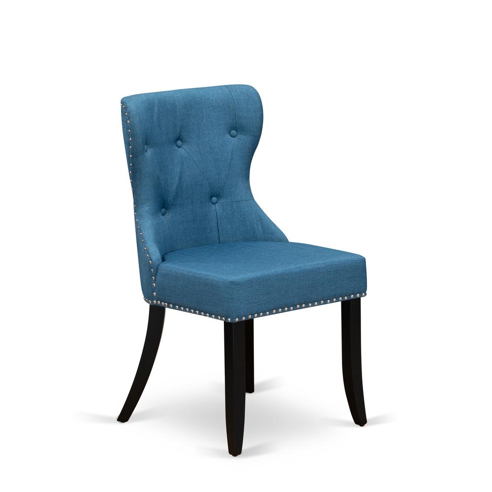 East West Furniture - Set of 2 - mid century Dining Chairs- Dinner Chairs Includes Black Wood Structure with Blue Linen Fabric Seat with Nail Head and Button Tufted Back. Picture 3
