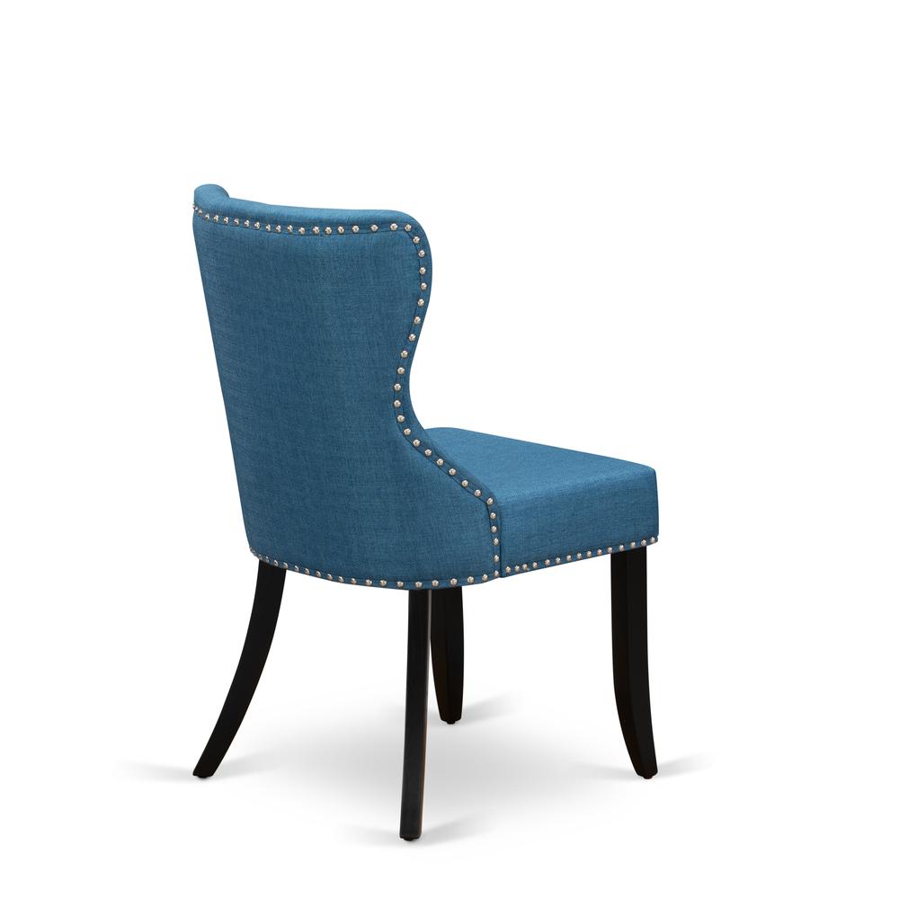 East West Furniture - Set of 2 - mid century Dining Chairs- Dinner Chairs Includes Black Wood Structure with Blue Linen Fabric Seat with Nail Head and Button Tufted Back. Picture 4