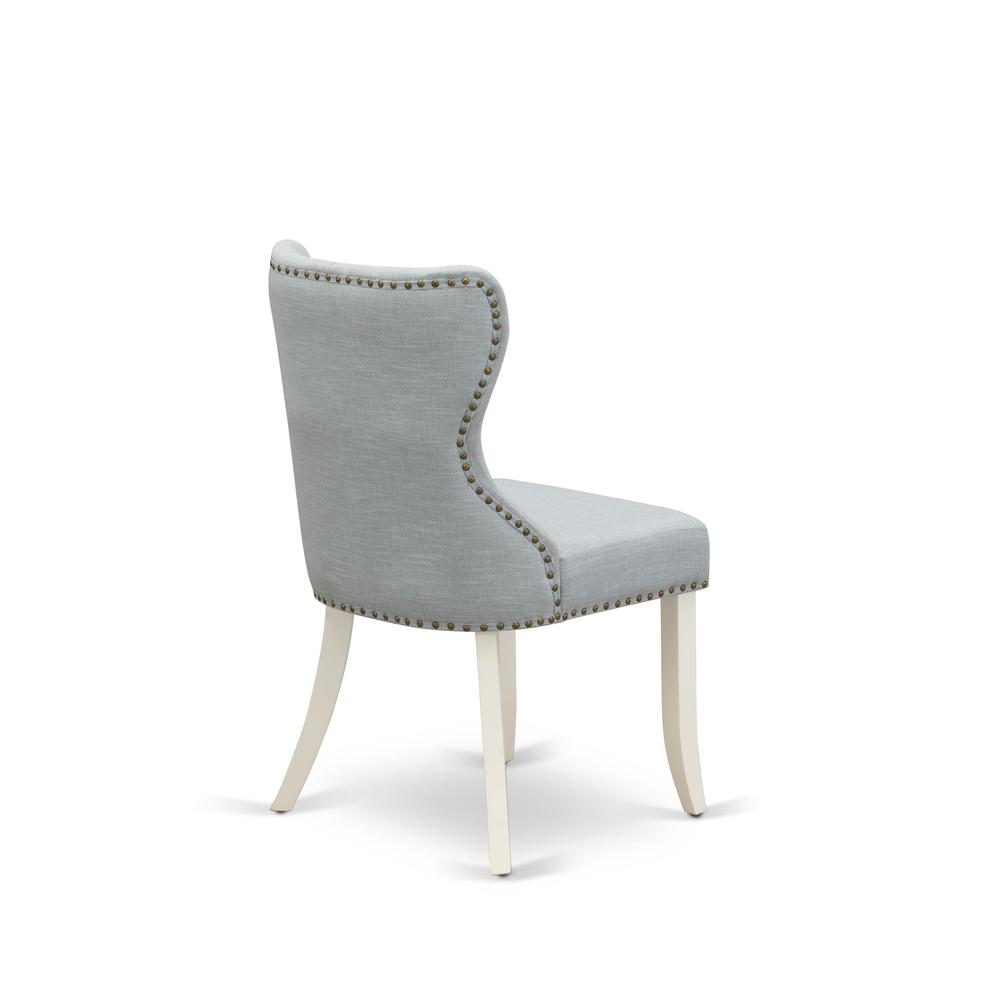 East West Furniture - Set of 2 - Parson Chairs- Dining Room Chair Includes Linen White Solid Wood Structure with Baby Blue Linen Fabric Seat with Nail Head and Button Tufted Back. Picture 4