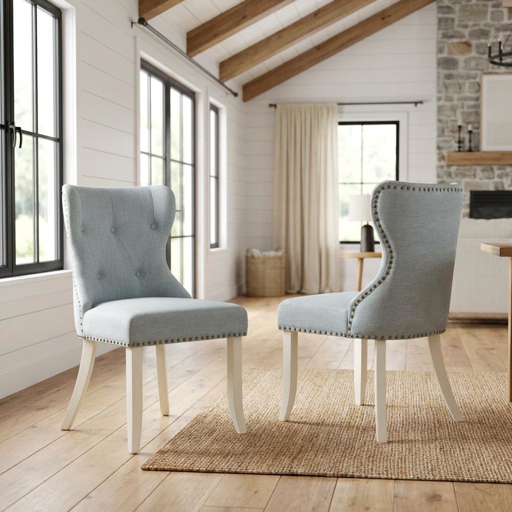 Linen Parsons Dining Chairs, Button-Tufted High Back, Baby Blue, Set of 2. Picture 3