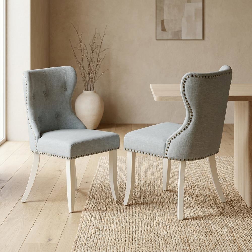 Linen Parsons Dining Chairs, Button-Tufted High Back, Baby Blue, Set of 2. Picture 4