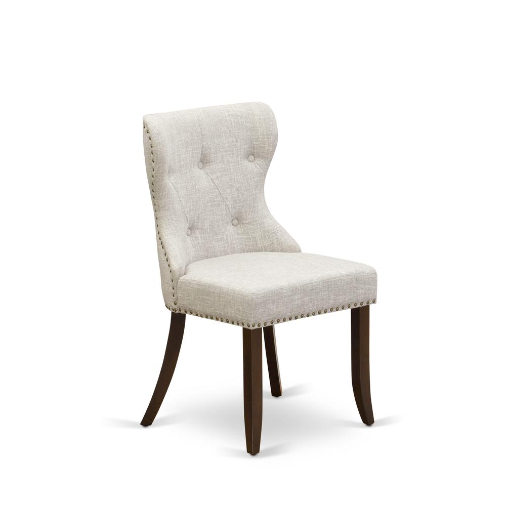 East West Furniture - Set of 2 - Modern Chairs- Kitchen Chair Includes Mahogany Wood Frame with Doeskin Linen Fabric Seat with Nail Head and Button Tufted Back. Picture 3