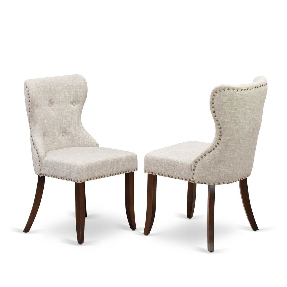 Linen Dining Chairs with Button-Tufted Nailhead Wood Frame, Mahogany, Set of 2. Picture 1