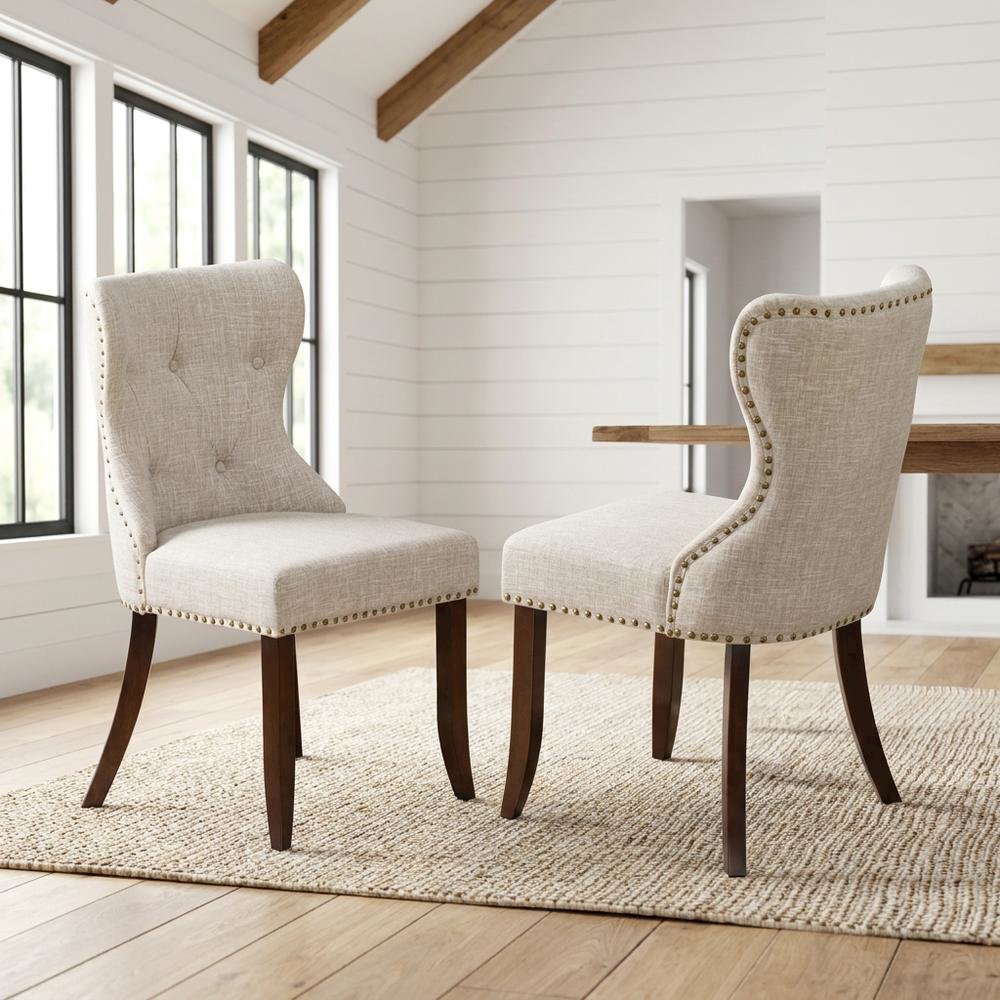 Linen Dining Chairs with Button-Tufted Nailhead Wood Frame, Mahogany, Set of 2. Picture 3