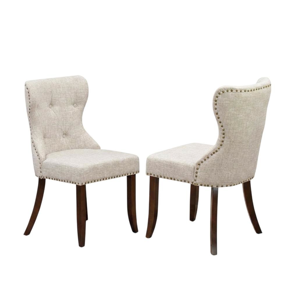 Linen Dining Chairs with Button-Tufted Nailhead Wood Frame, Mahogany, Set of 2. Picture 5