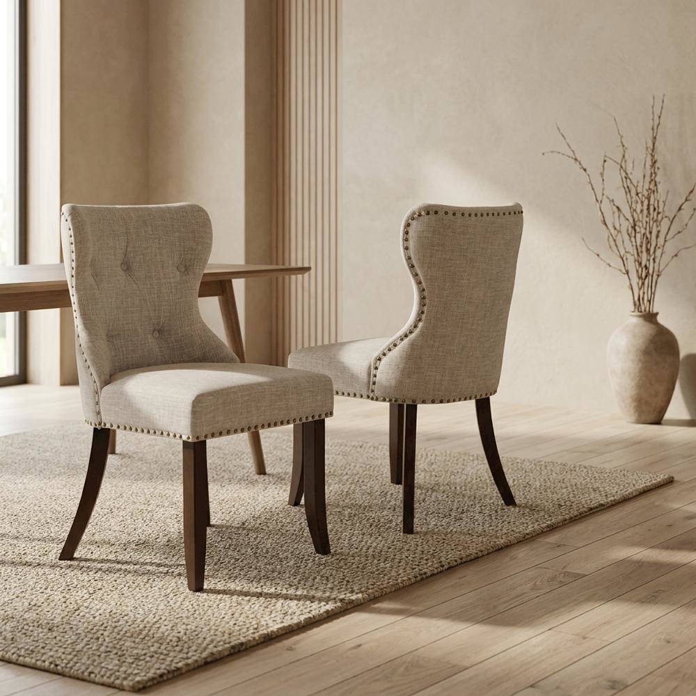 Linen Dining Chairs with Button-Tufted Nailhead Wood Frame, Mahogany, Set of 2. Picture 4