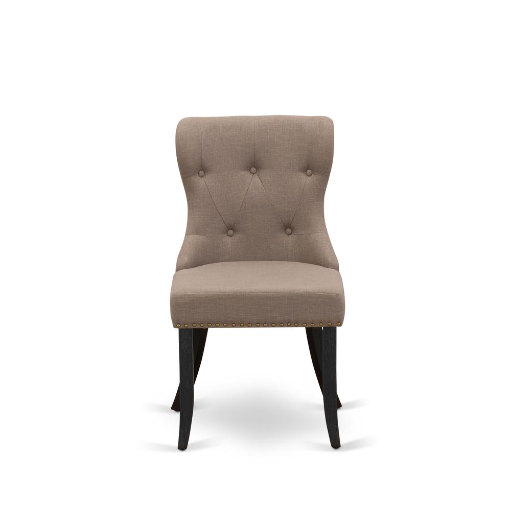 East West Furniture - Set of 2 - Dining Room Chair- Upholstered Dining Chairs Includes Wirebrushed Black Wooden Frame with Coffee Linen Fabric Seat with Nail Head and Button Tufted Back. Picture 2