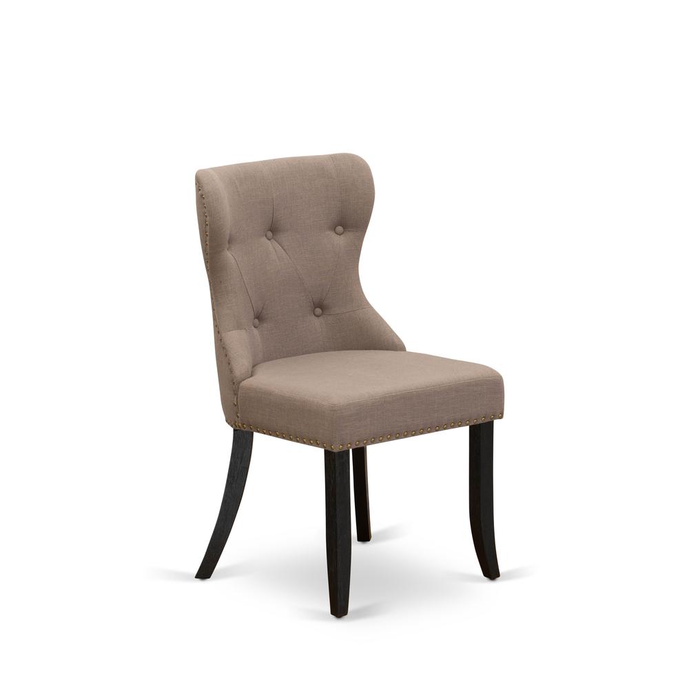 East West Furniture - Set of 2 - Dining Room Chair- Upholstered Dining Chairs Includes Wirebrushed Black Wooden Frame with Coffee Linen Fabric Seat with Nail Head and Button Tufted Back. Picture 3
