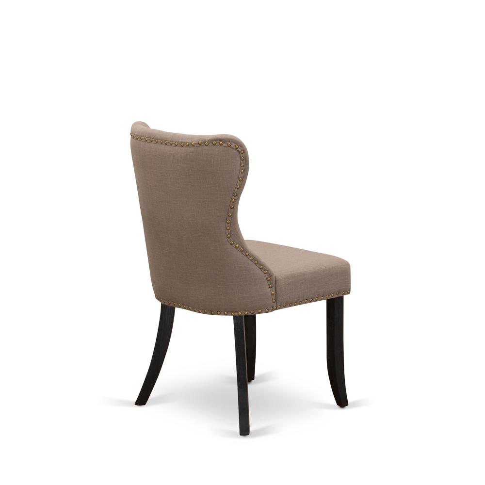 East West Furniture - Set of 2 - Dining Room Chair- Upholstered Dining Chairs Includes Wirebrushed Black Wooden Frame with Coffee Linen Fabric Seat with Nail Head and Button Tufted Back. Picture 4