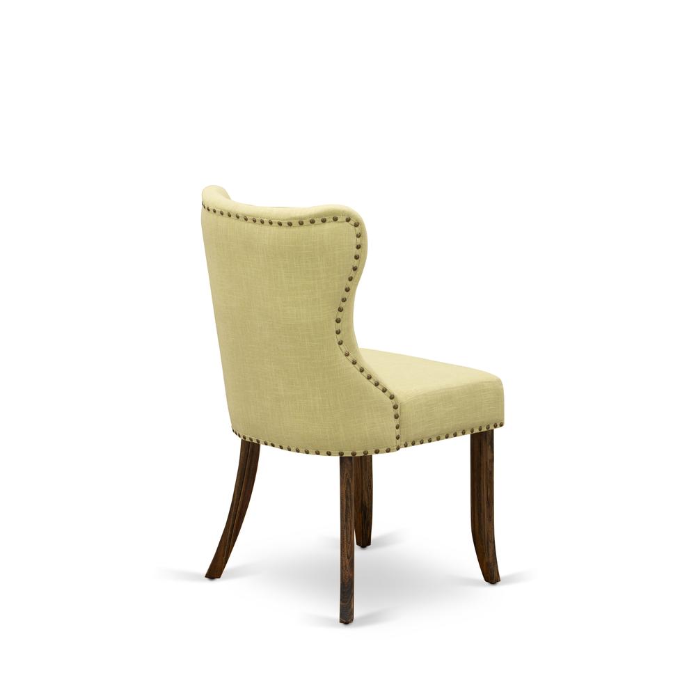 East West Furniture - Set of 2 - Parsons Chair- Upholstered Chair Includes Distressed Jacobean Wooden Structure with Limelight Linen Fabric Seat with Nail Head and Button Tufted Back. Picture 4