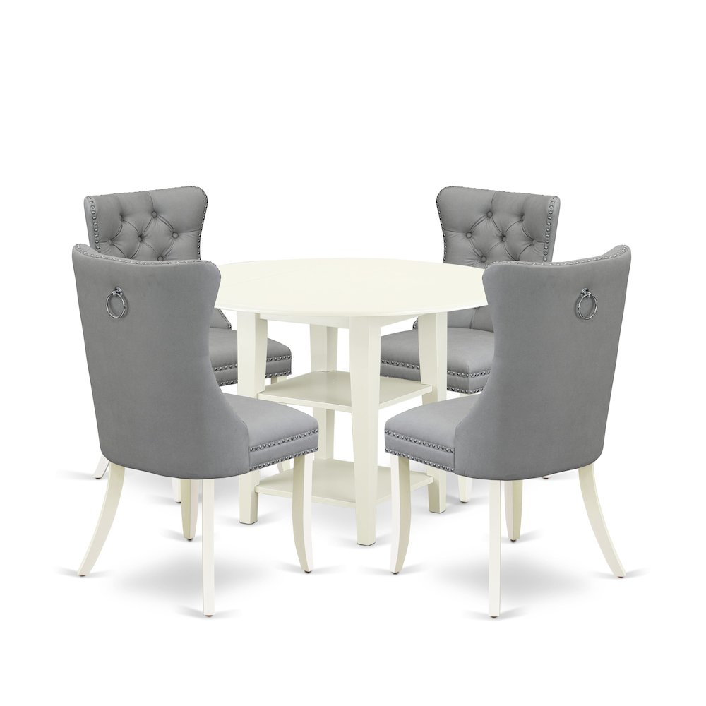 5 Piece Kitchen Set Consists of a Round Dining Table with Dropleaf & Shelves. Picture 1