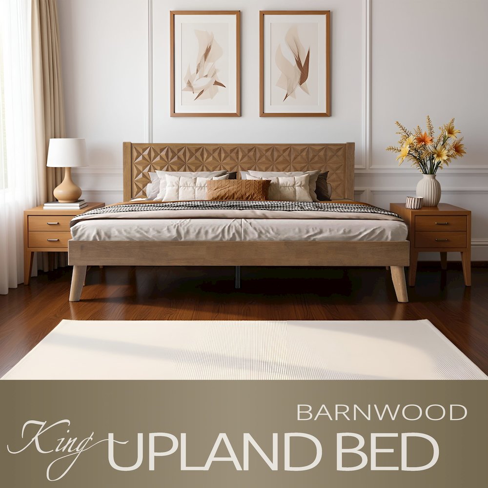 King Wooden Platform Bed Frame, Barnwood Finish, Morden Style. Picture 6