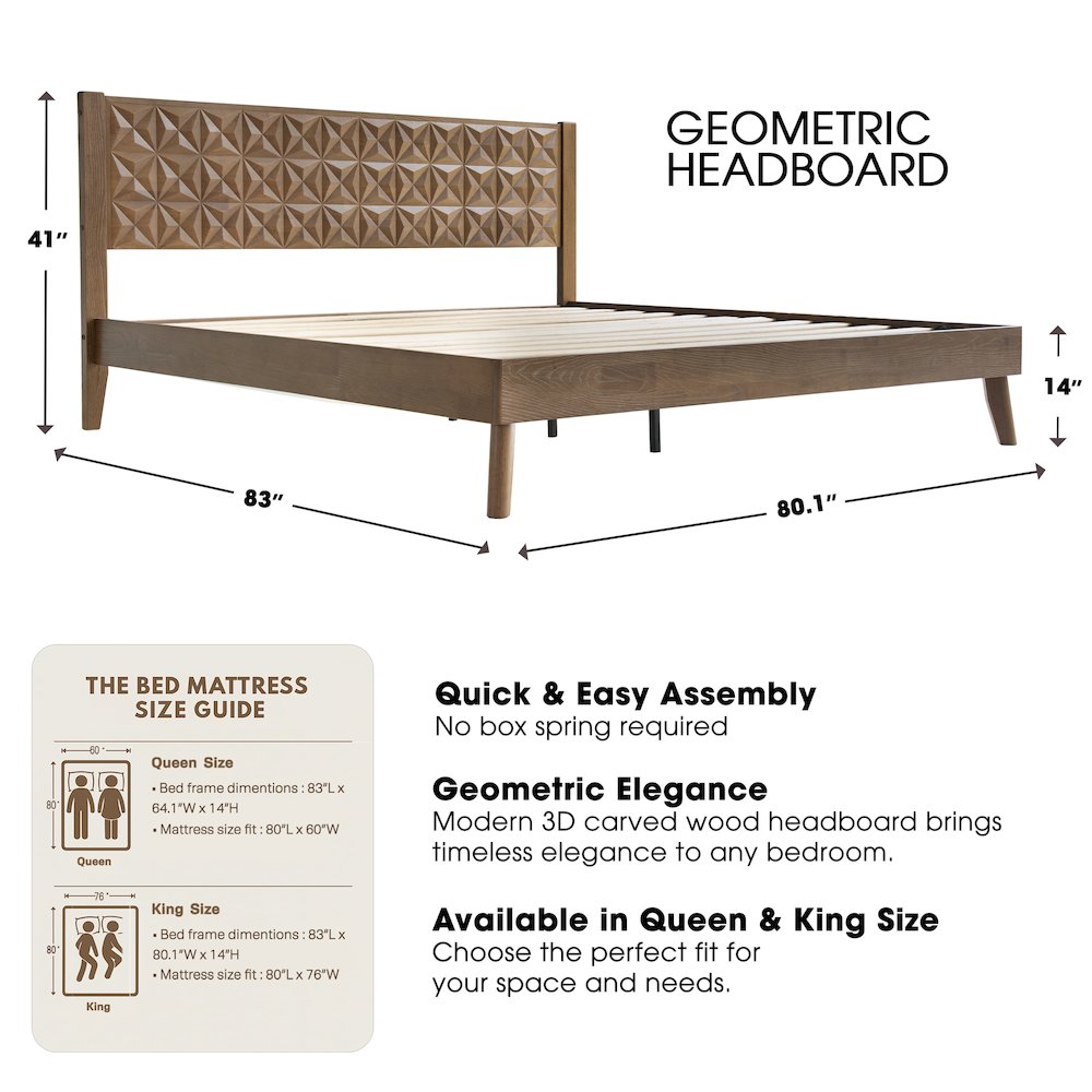King Wooden Platform Bed Frame, Barnwood Finish, Morden Style. Picture 2