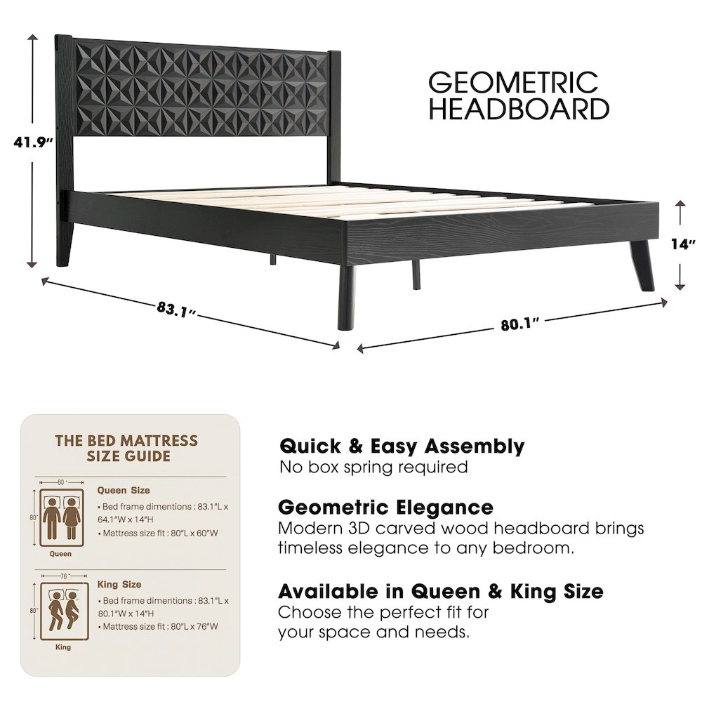 King Wooden Platform Bed Frame, Ebony Oak Finish, Morden Style. Picture 2
