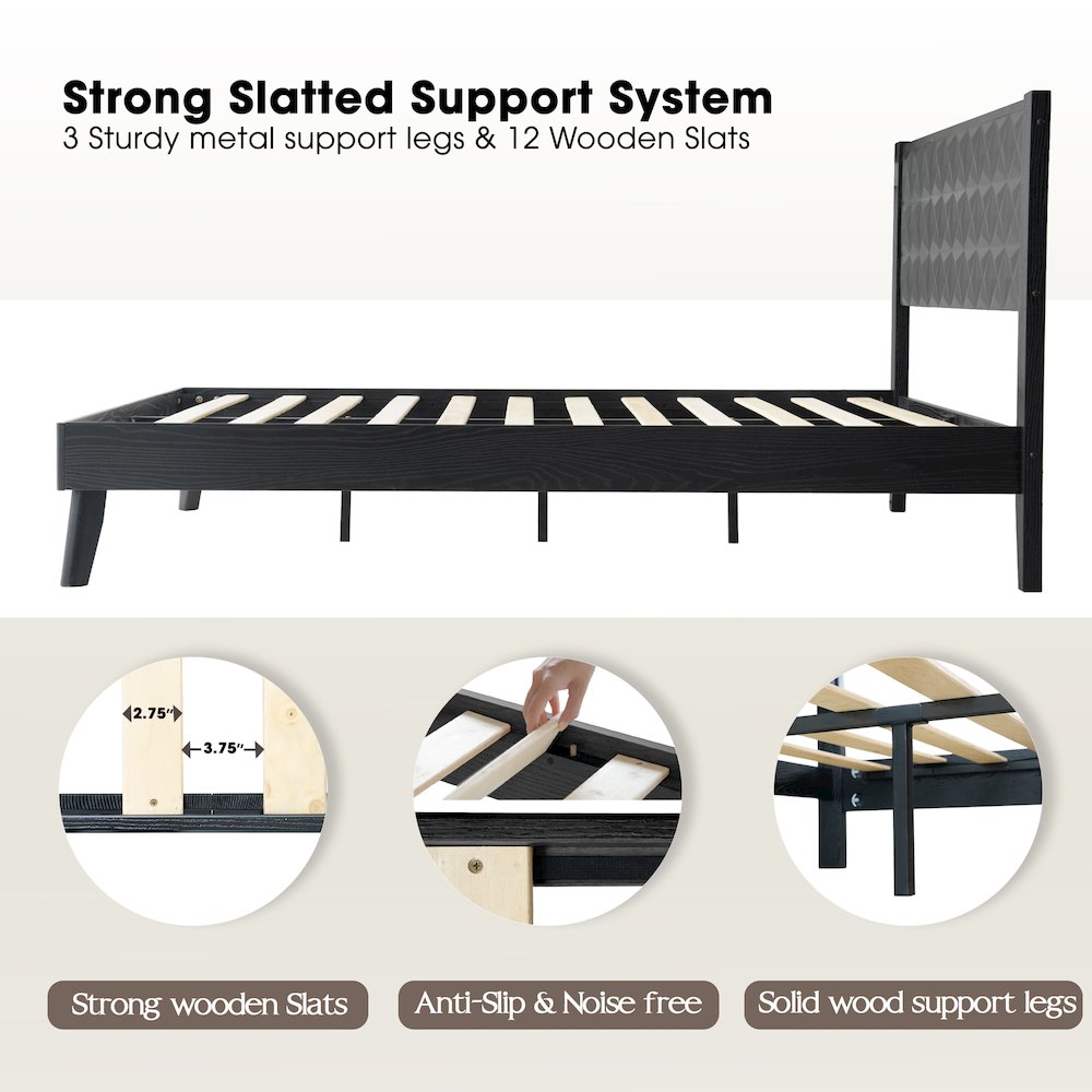 King Wooden Platform Bed Frame, Ebony Oak Finish, Morden Style. Picture 3