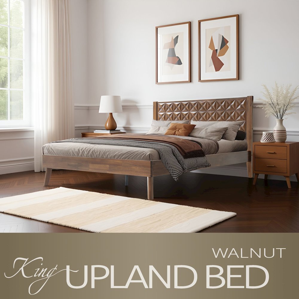 King Wooden Platform Bed Frame, Walnut Finish, Morden Style. Picture 6