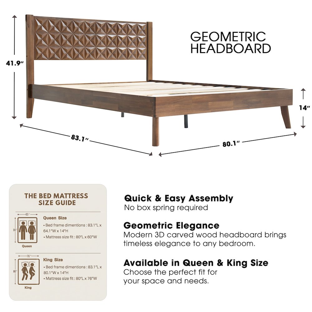 King Wooden Platform Bed Frame, Walnut Finish, Morden Style. Picture 2